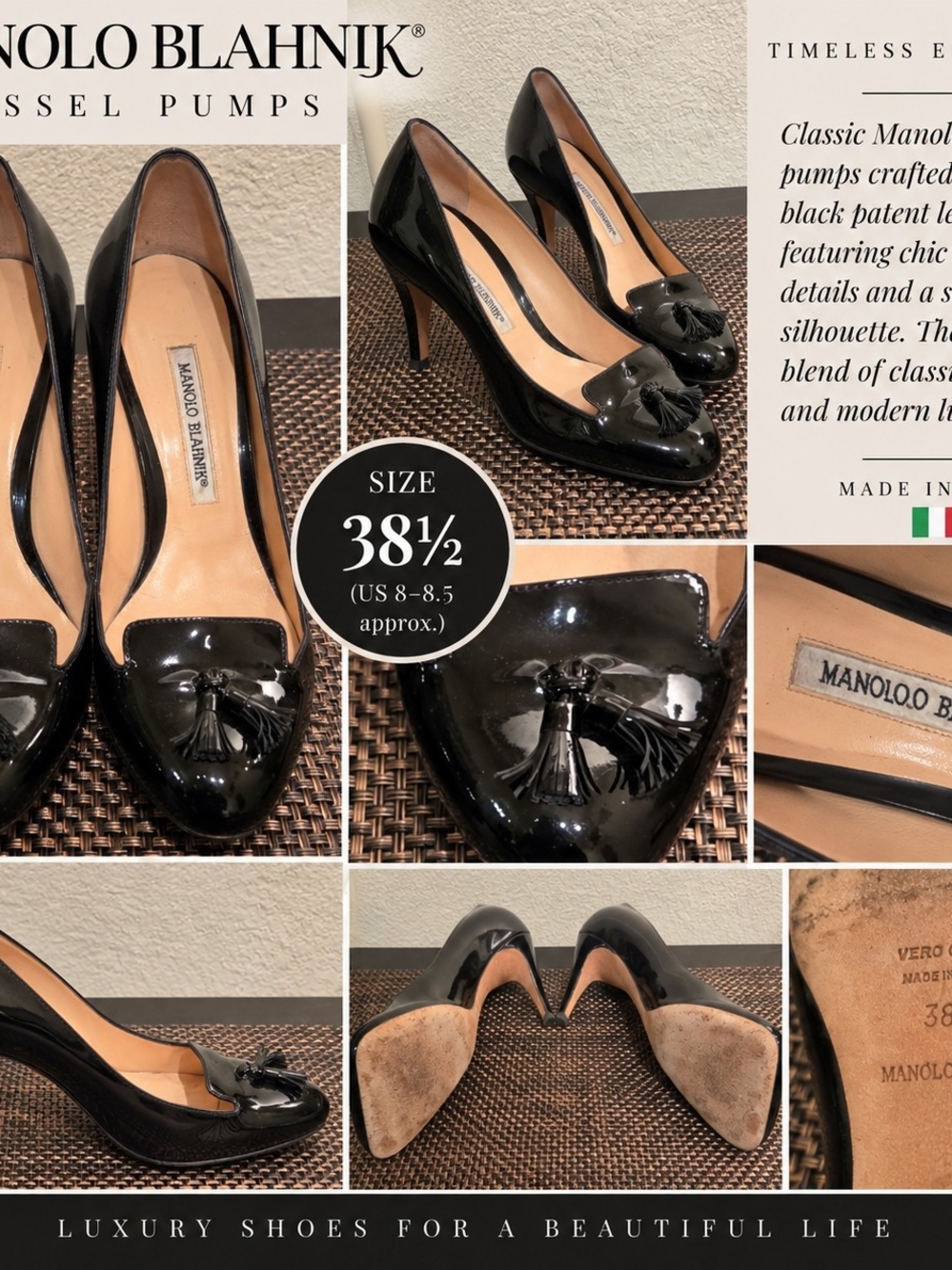 Manolo Blahnik Black Patent Tassel Pumps